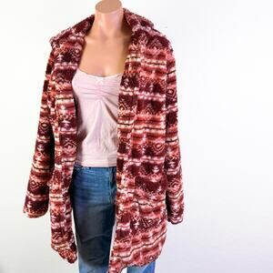 Cozy Rust Plush Teddy Fleece Coat Open Front Aztec Cabincore Burgundy Sz 2X NWT